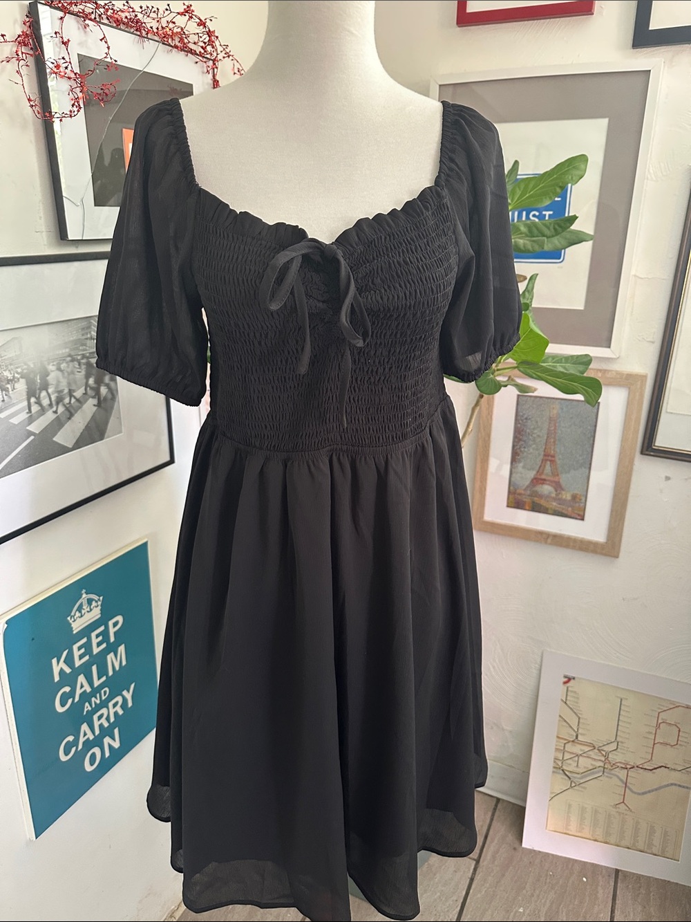 Byinns Black Smocked Bodice Puff Sleeve Dress Medium